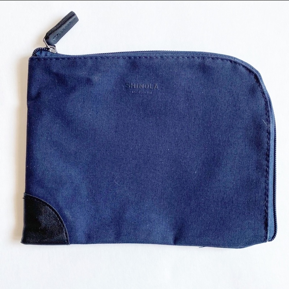 Shinola Detroit Dark Blue Canvas Make-up Bag with leather corner